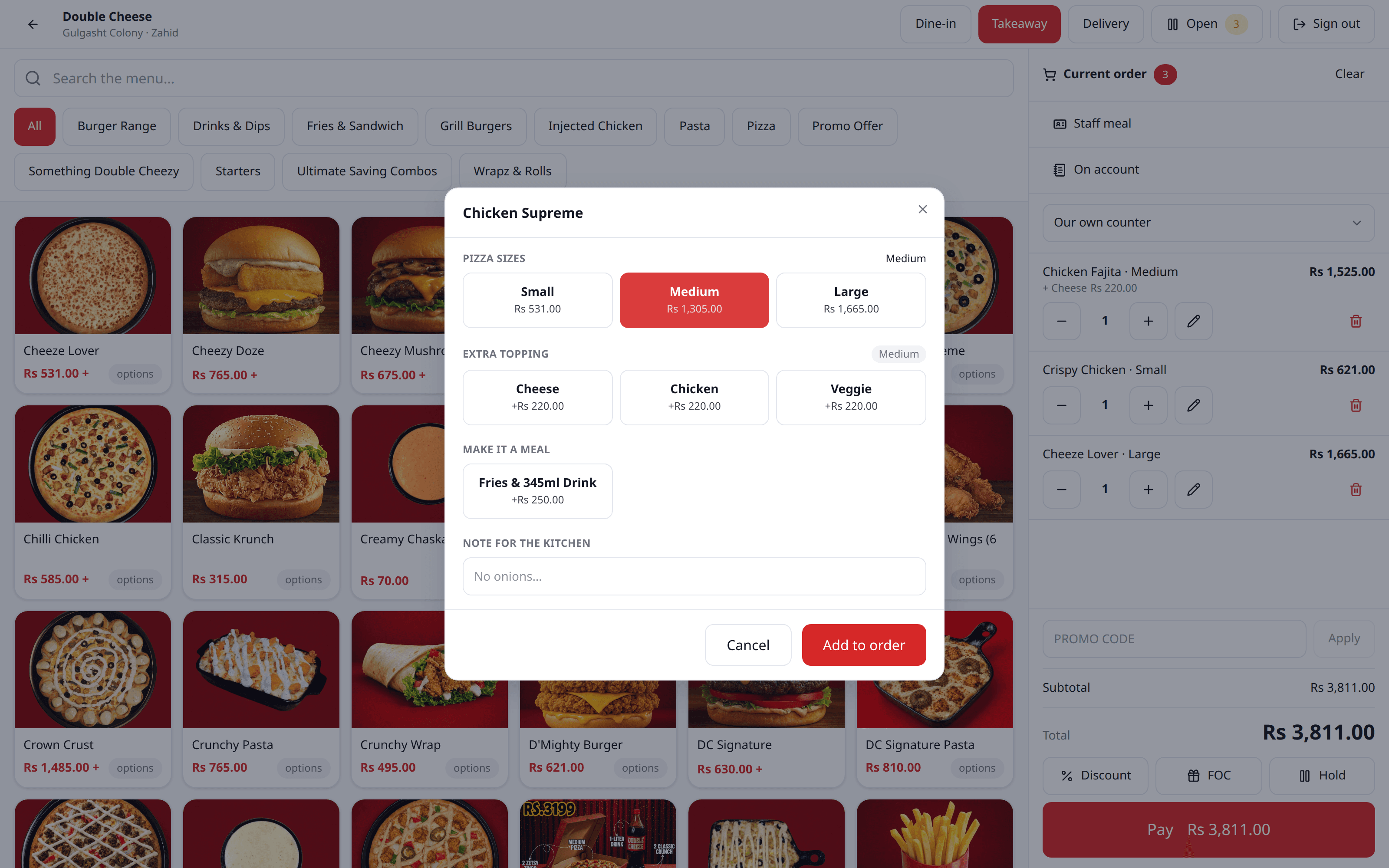 Choosing a pizza on the Sellify till: size, crust with per-option prices, toppings, spice level and a note for the kitchen